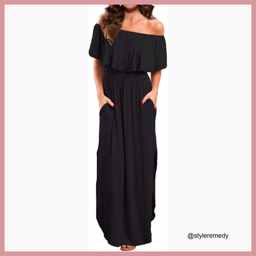 Off Shoulder Casual Long Ruffle Maxi Dress with Pockets